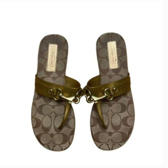 Coach Y2K Rikki Gold Tan Flip-Flops Size 6 – Designer Summer Essential - Picture 1 of 6